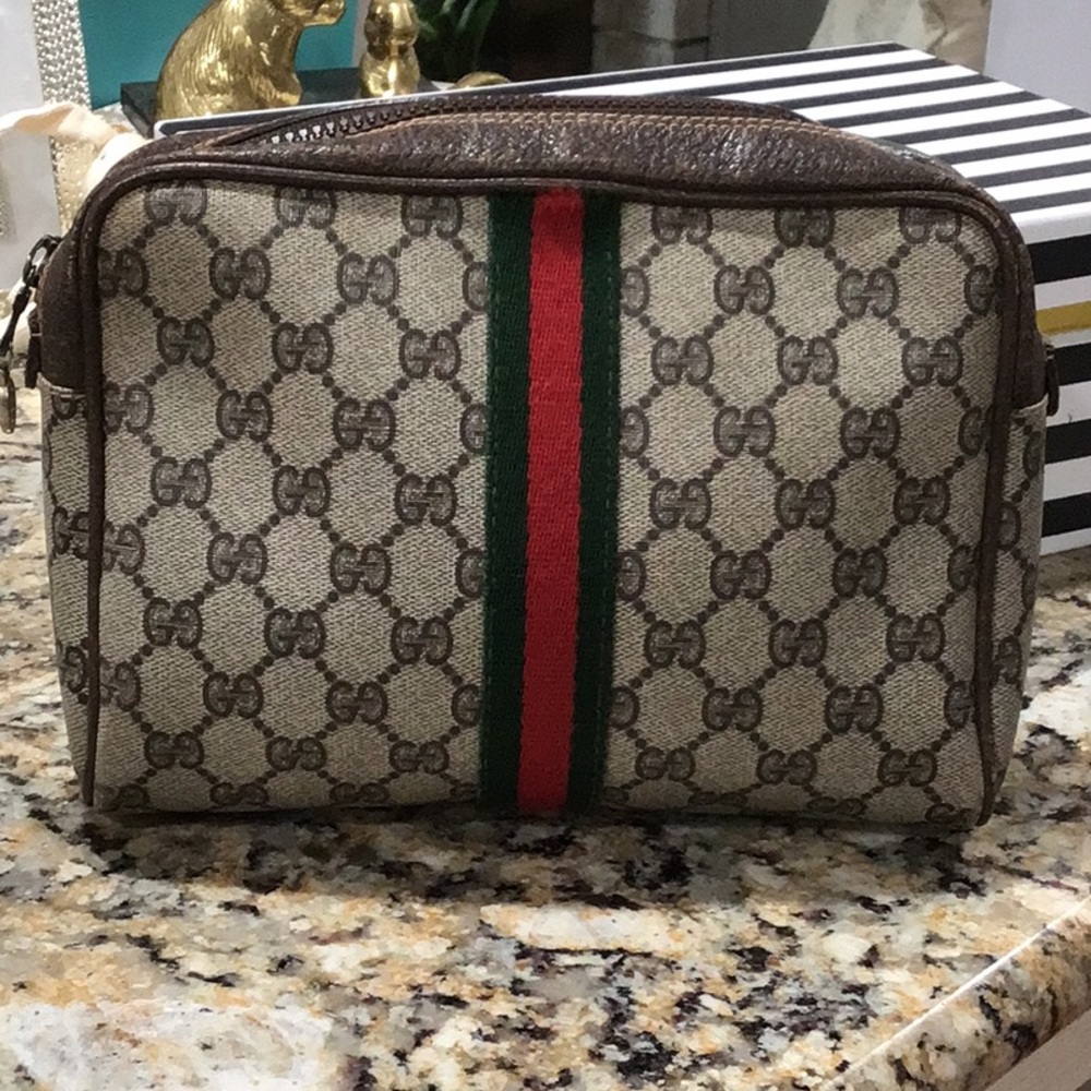 ✨Vintage GUCCI GG Canvas Web Sherry Line Clutch Bag RED GREEN STRIPE Authentic
